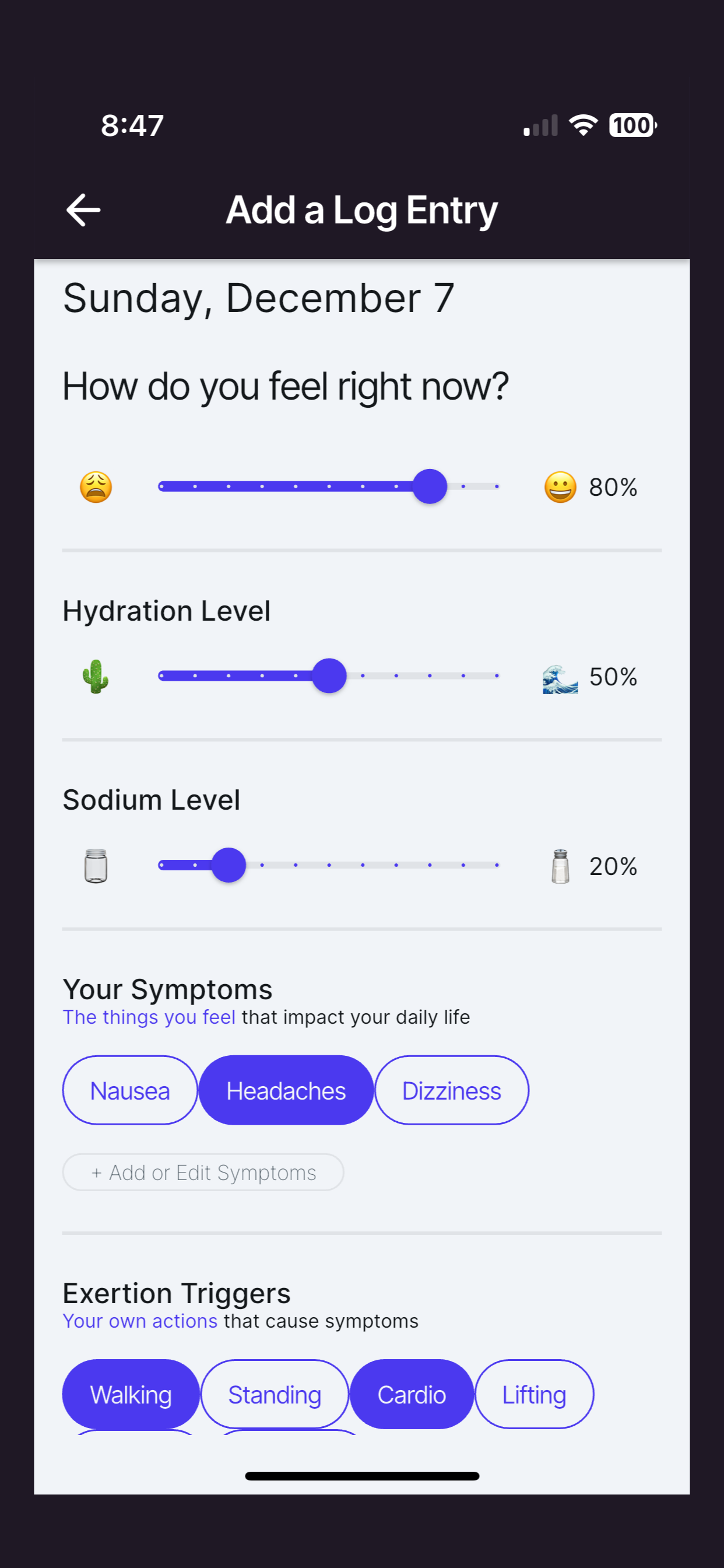 NerveCenter symptom logging screen