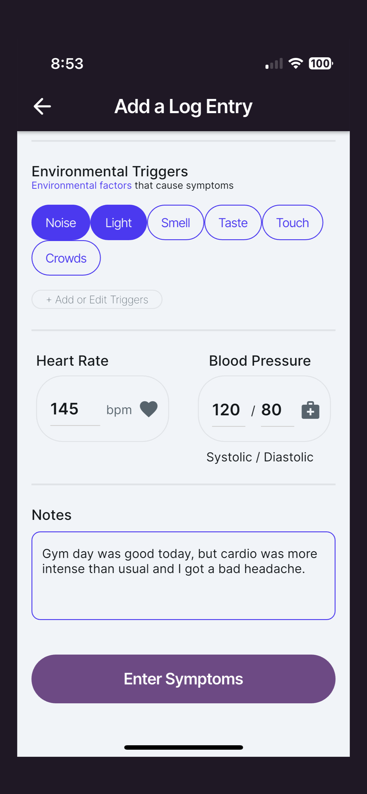 NerveCenter vitals and notes screen
